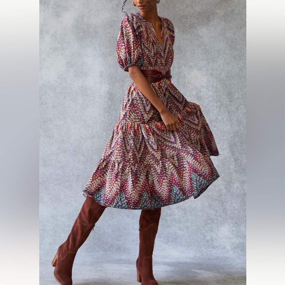 Anthropologie Conditions Apply Printed Puff Sleeve Boho Midi Tiered Dress Sz 6